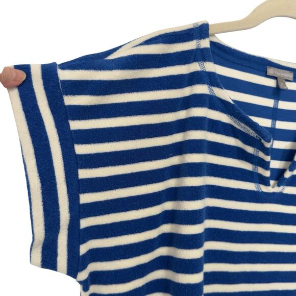 Talbots Women XL Terry Split Neck Drawstring-bottom Tunic Top Blue White Stripe - Picture 4 of 9